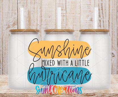 Sunshine Mixed With a Little Hurricane frosted glass tumbler mockup with bamboo lids and straws
