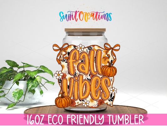 Fall Vibes design on a 16 oz clear glass tumbler with bamboo lid