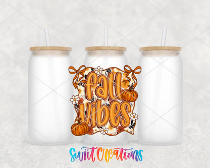 Fall Vibes frosted glass tumbler group view with lids and straws