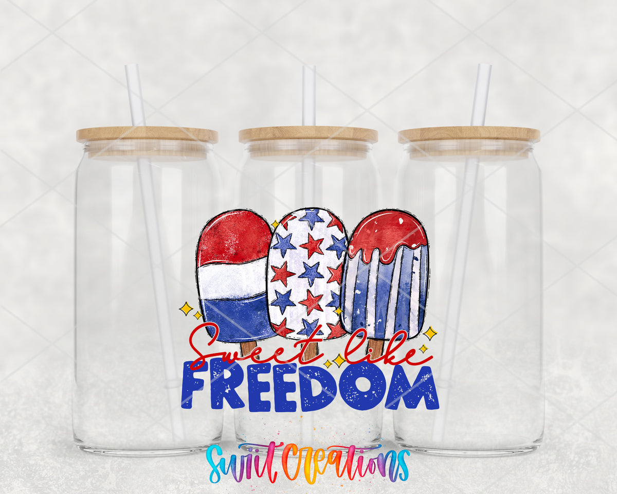 Sweet Like Freedom clear glass tumbler group mockup with bamboo lids and straws