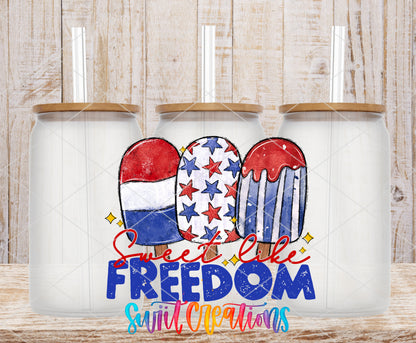 Sweet Like Freedom frosted glass tumbler mockup with bamboo lids and straws