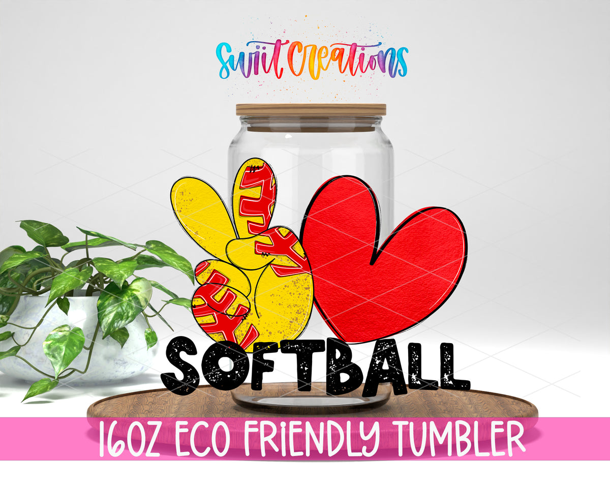 Peace Love Softball design on a 16 oz clear glass tumbler with bamboo lid