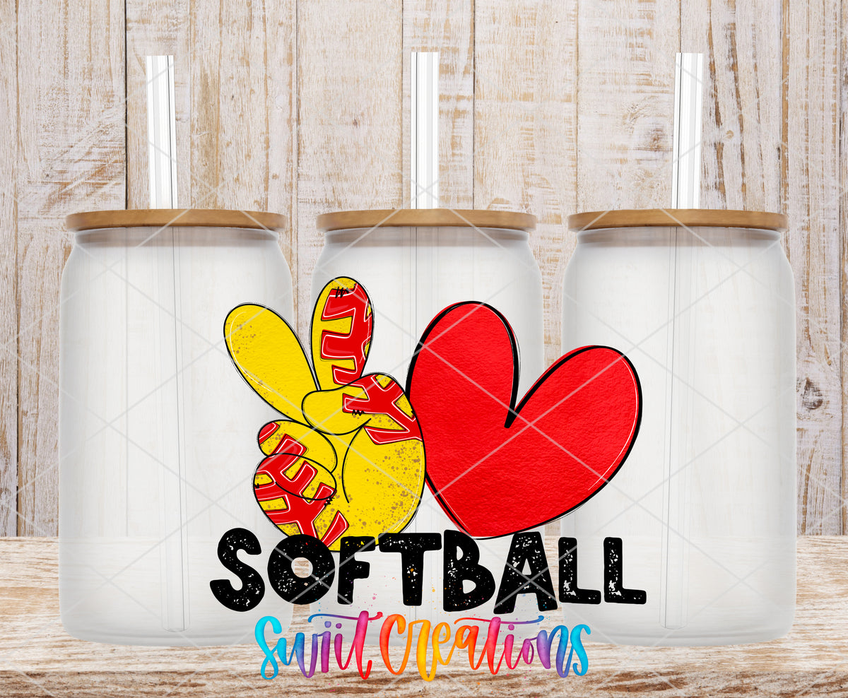 Peace Love Softball frosted glass tumbler mockup with bamboo lids and straws