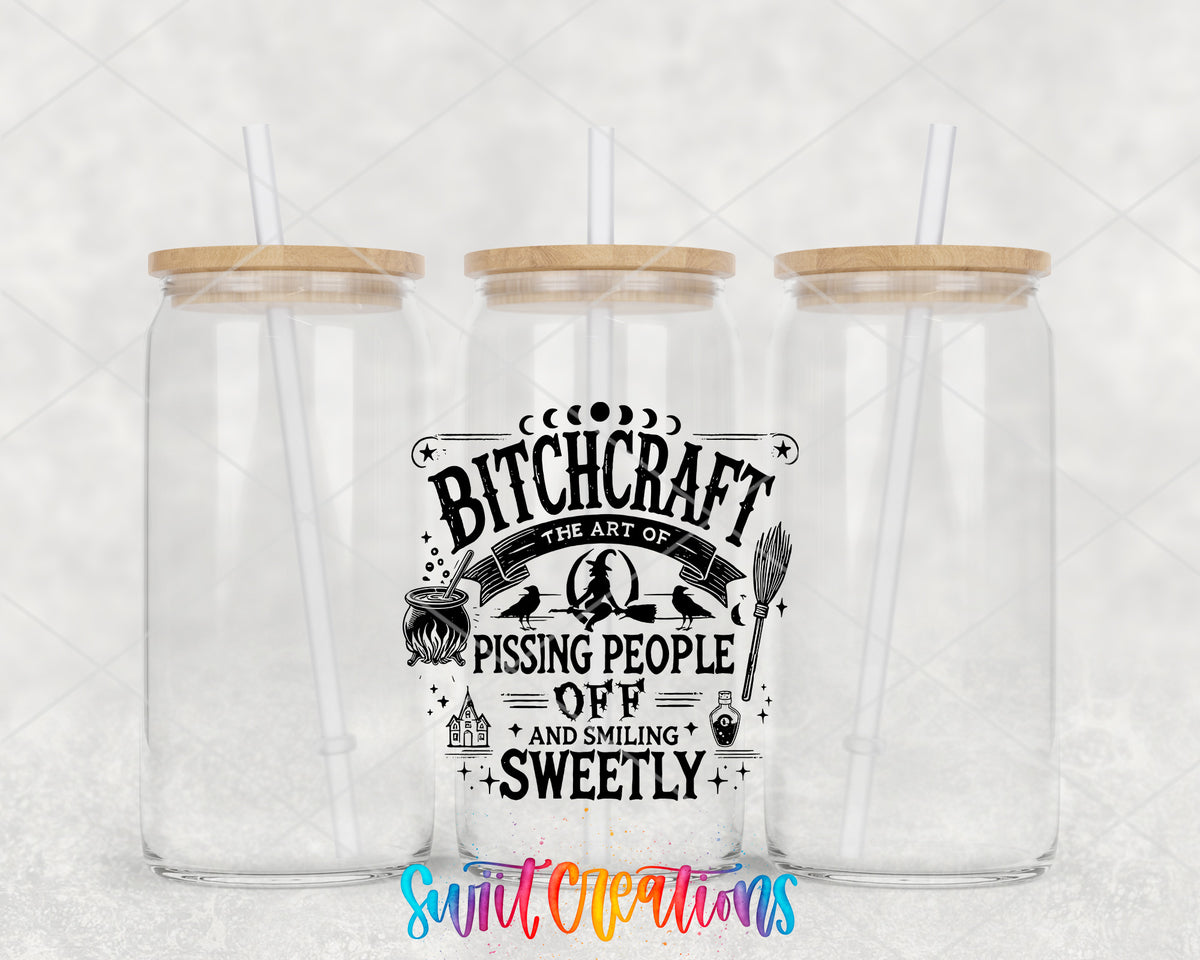 Bitchcraft clear glass tumbler group mockup with bamboo lids and straws