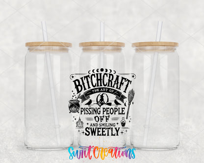 Bitchcraft clear glass tumbler group mockup with bamboo lids and straws