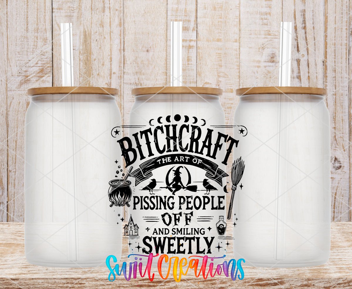 Bitchcraft frosted glass tumbler mockup with bamboo lids and straws