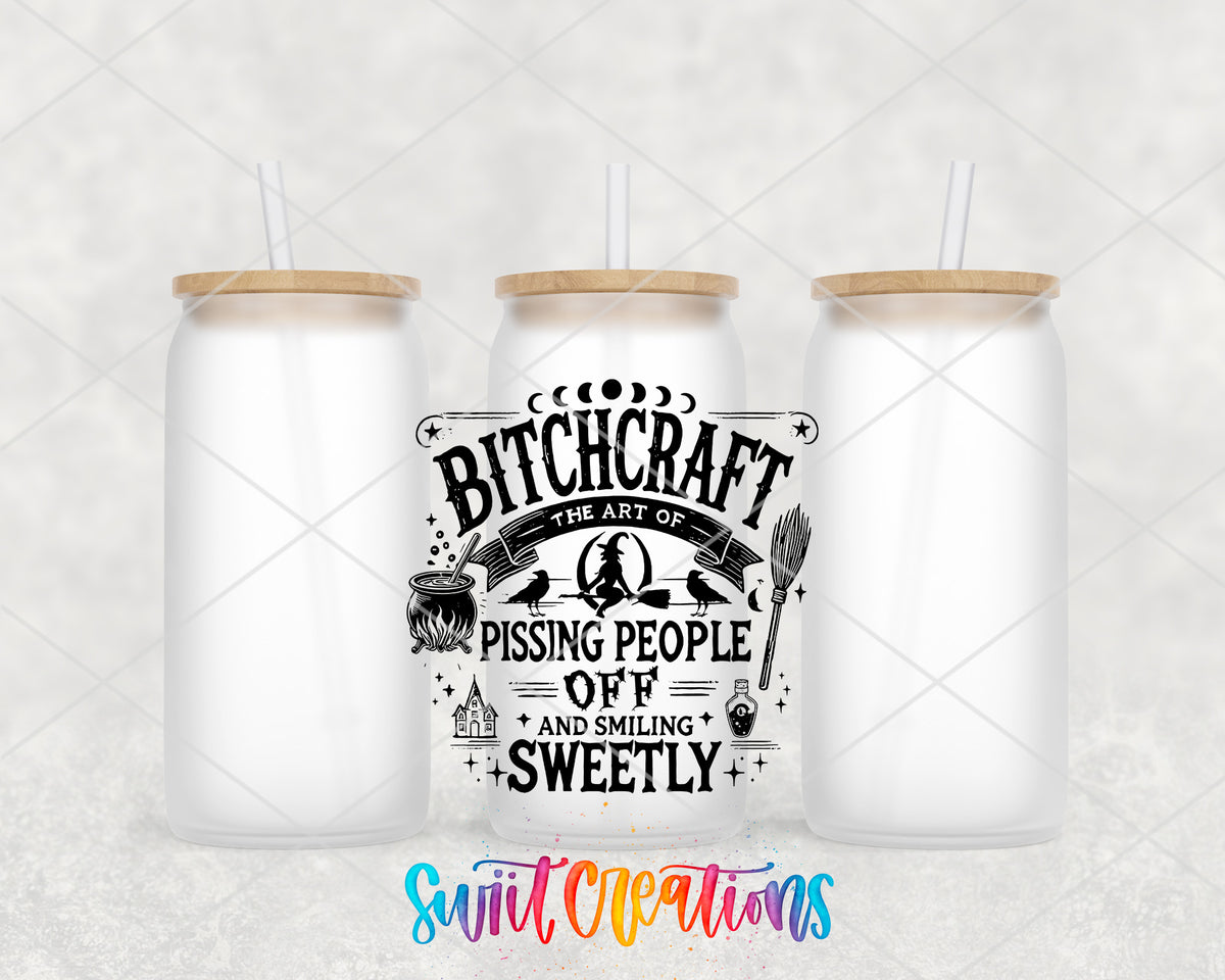 Bitchcraft frosted glass tumbler group view with lids and straws