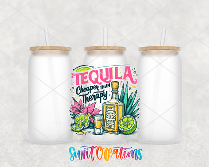 Tequila Is Cheaper Than Therapy frosted glass tumbler group view with lids and straws