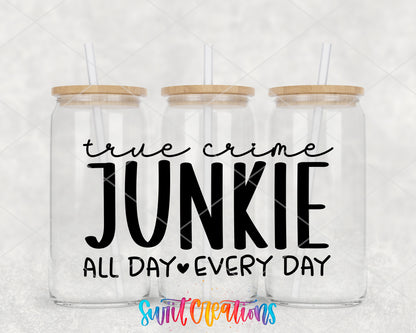 True Crime Junkie clear glass tumbler group mockup with bamboo lids and straws