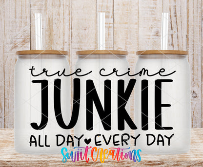 True Crime Junkie frosted glass tumbler mockup with bamboo lids and straws