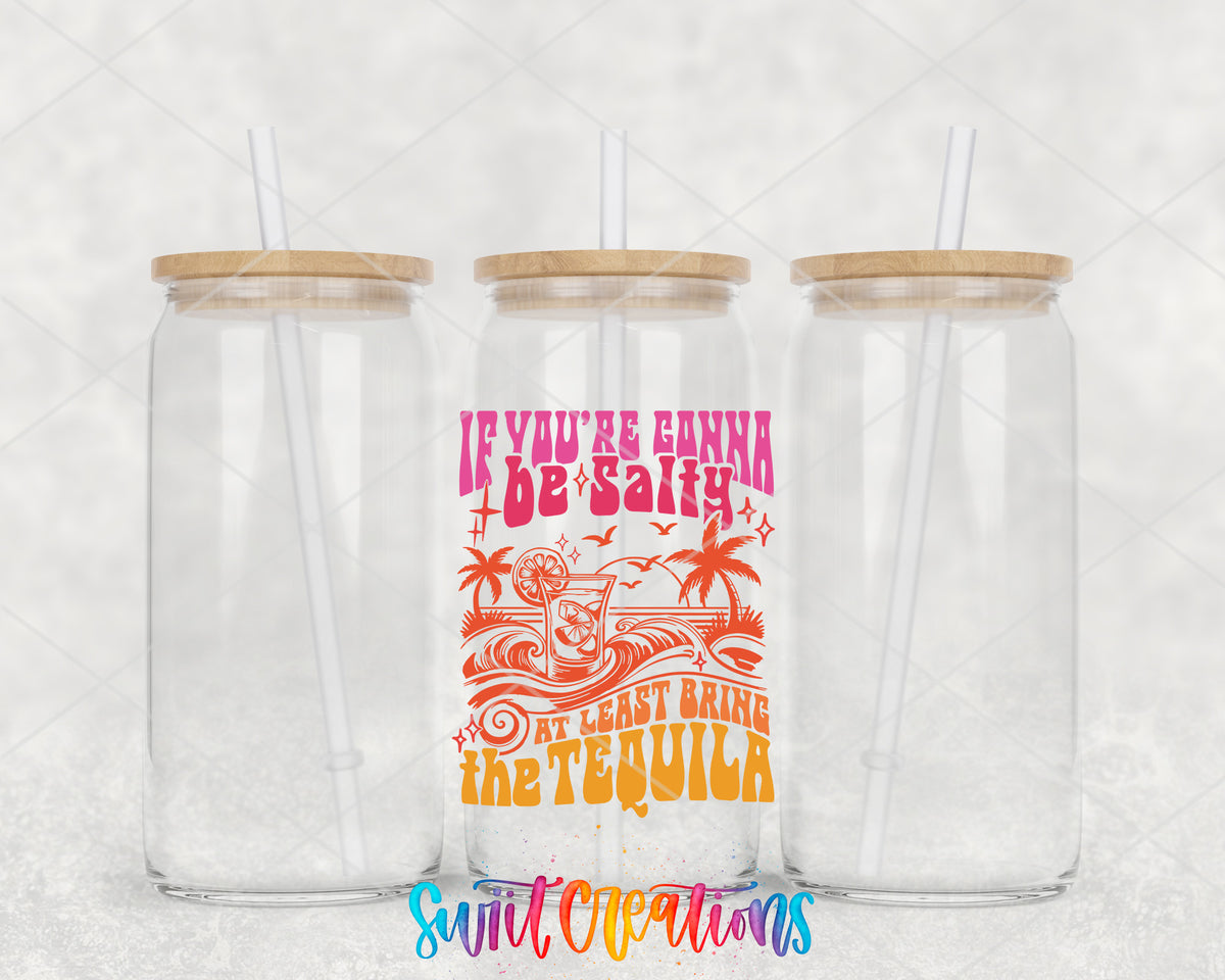If You're Gonna Be Salty clear glass tumbler group mockup with bamboo lids and straws