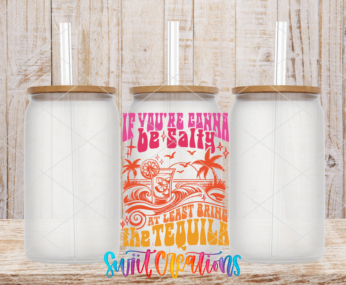 If You're Gonna Be Salty frosted glass tumbler mockup with bamboo lids and straws