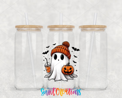 Cute Ghostie clear glass tumbler group mockup with bamboo lids and straws