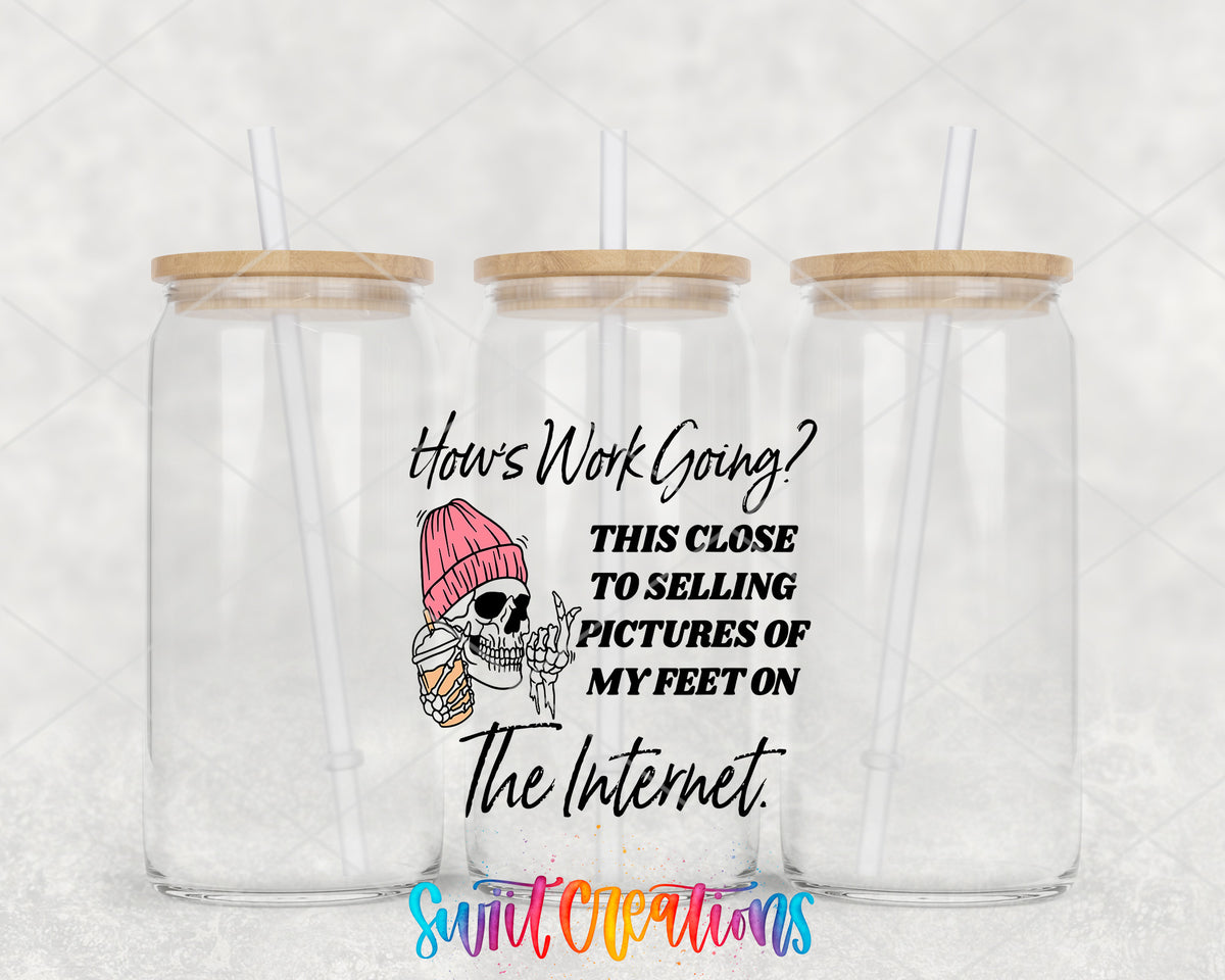 How's Work Going clear glass tumbler group mockup with bamboo lids and straws