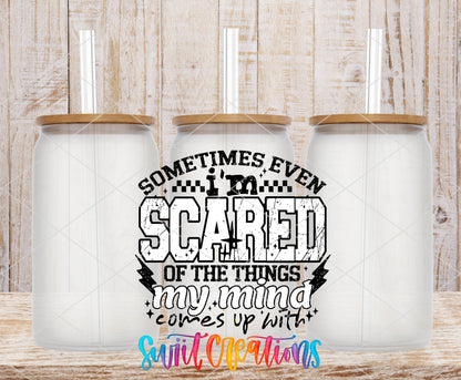 Sometimes Even I'm Scared Black frosted glass tumbler mockup with bamboo lids and straws