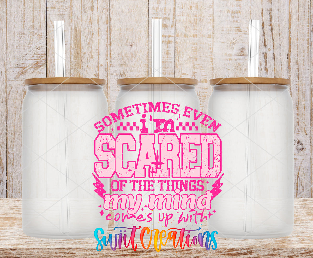 Sometimes Even I'm Scared Pink frosted glass tumbler mockup with bamboo lids and straws