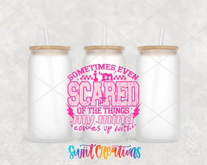 Sometimes Even I'm Scared Pink frosted glass tumbler group view with lids and straws