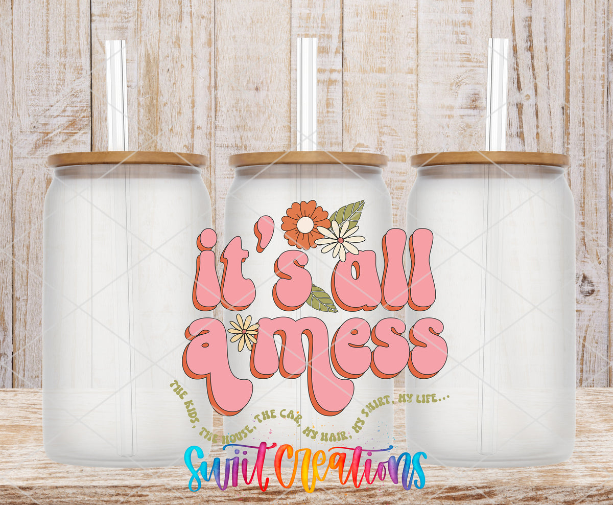 It's All a Mess frosted glass tumbler mockup with bamboo lids and straws