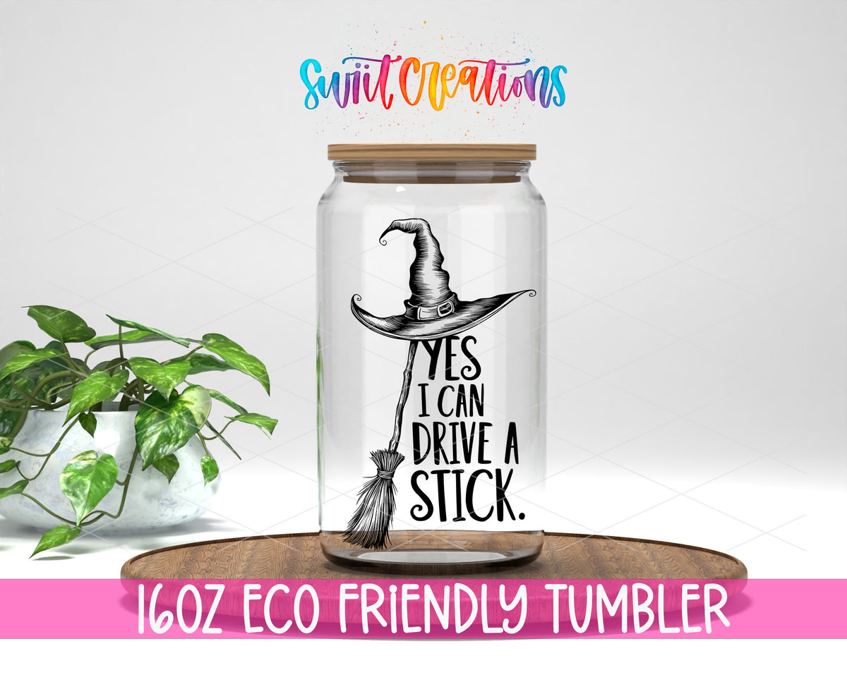 I Can Drive a Stick design on a 16 oz clear glass tumbler with bamboo lid