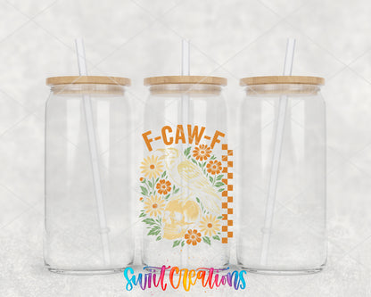 F-Caw-F Floral Crow clear glass tumbler group mockup with bamboo lids and straws