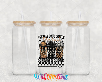 Freshly Boo'd Coffee clear glass tumbler group mockup with bamboo lids and straws
