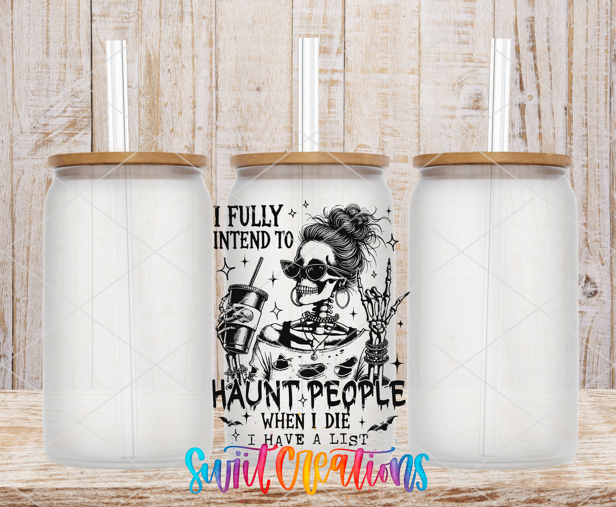 Haunt People frosted glass tumbler mockup with bamboo lids and straws