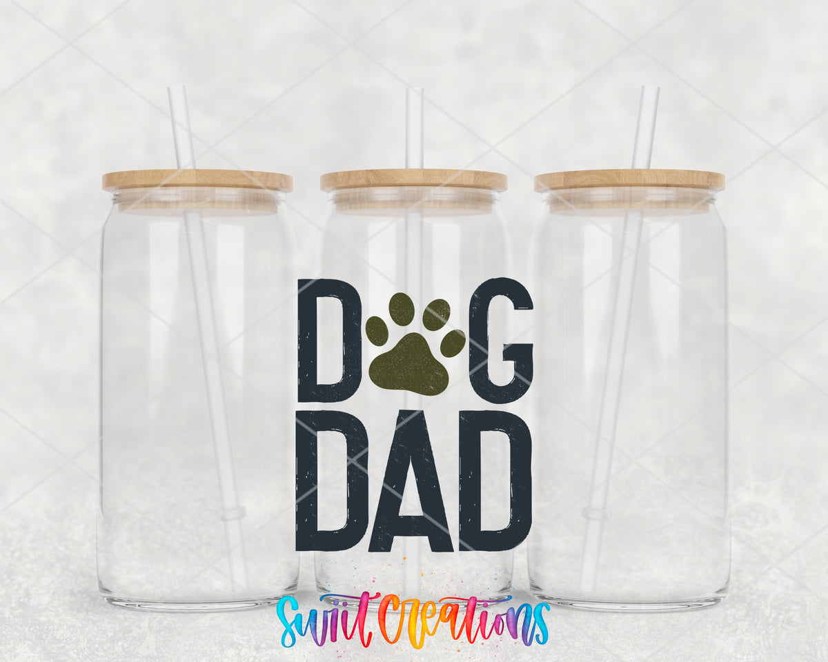 Dog Dad clear glass tumbler group mockup with bamboo lids and straws