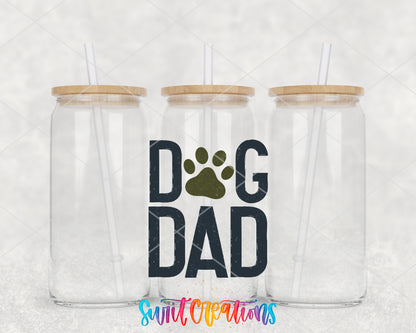 Dog Dad clear glass tumbler group mockup with bamboo lids and straws