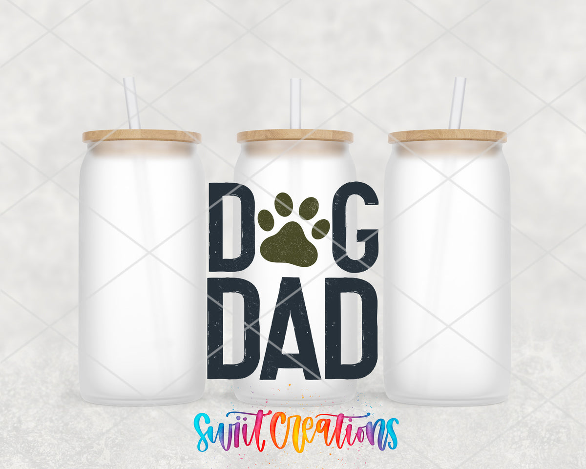 Dog Dad frosted glass tumbler group view with lids and straws