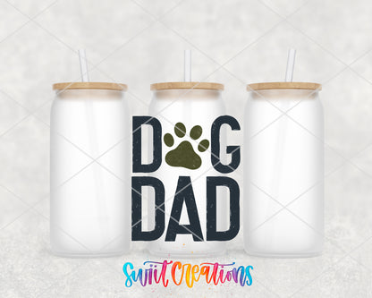 Dog Dad frosted glass tumbler group view with lids and straws
