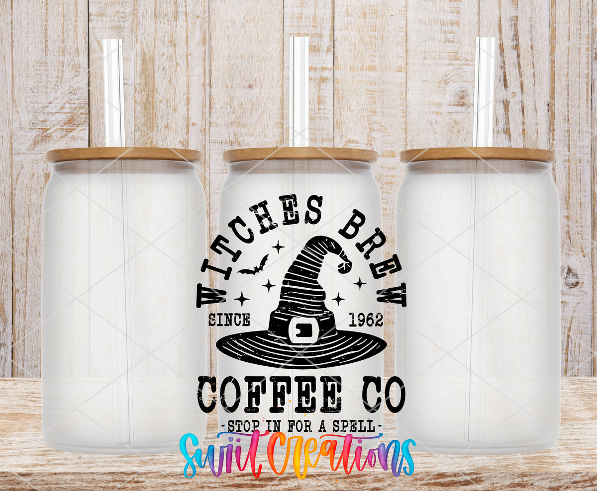 Witches' Brew frosted glass tumbler mockup with bamboo lids and straws