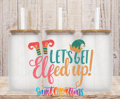 Let's Get Elfed Up frosted glass tumbler mockup with bamboo lids and straws