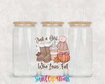 Just a Girl Who Loves Fall clear glass tumbler group mockup with bamboo lids and straws