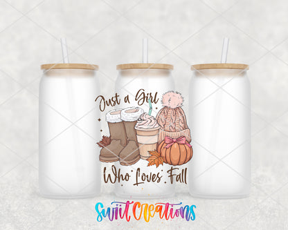 Just a Girl Who Loves Fall frosted glass tumbler group view with lids and straws