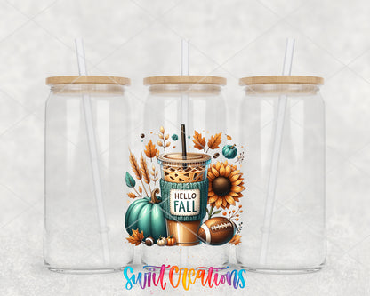 Hello Fall clear glass tumbler group mockup with bamboo lids and straws
