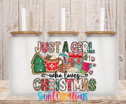 Just a Girl Who Loves Christmas frosted glass tumbler mockup with bamboo lids and straws
