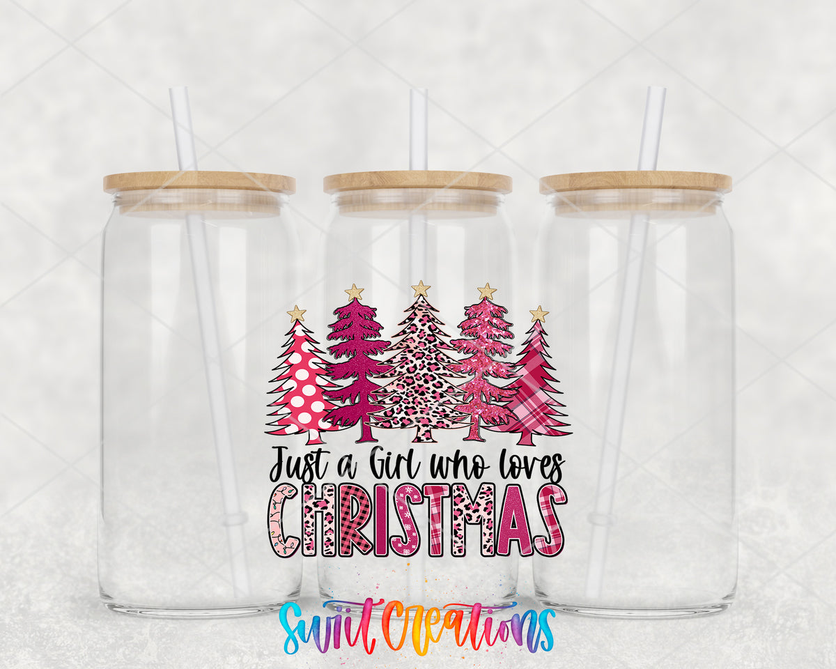 Pink Christmas Girl clear glass tumbler group mockup with bamboo lids and straws