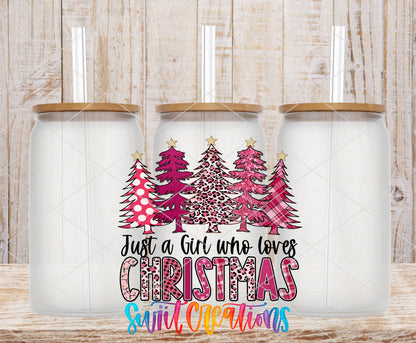 Pink Christmas Girl frosted glass tumbler mockup with bamboo lids and straws