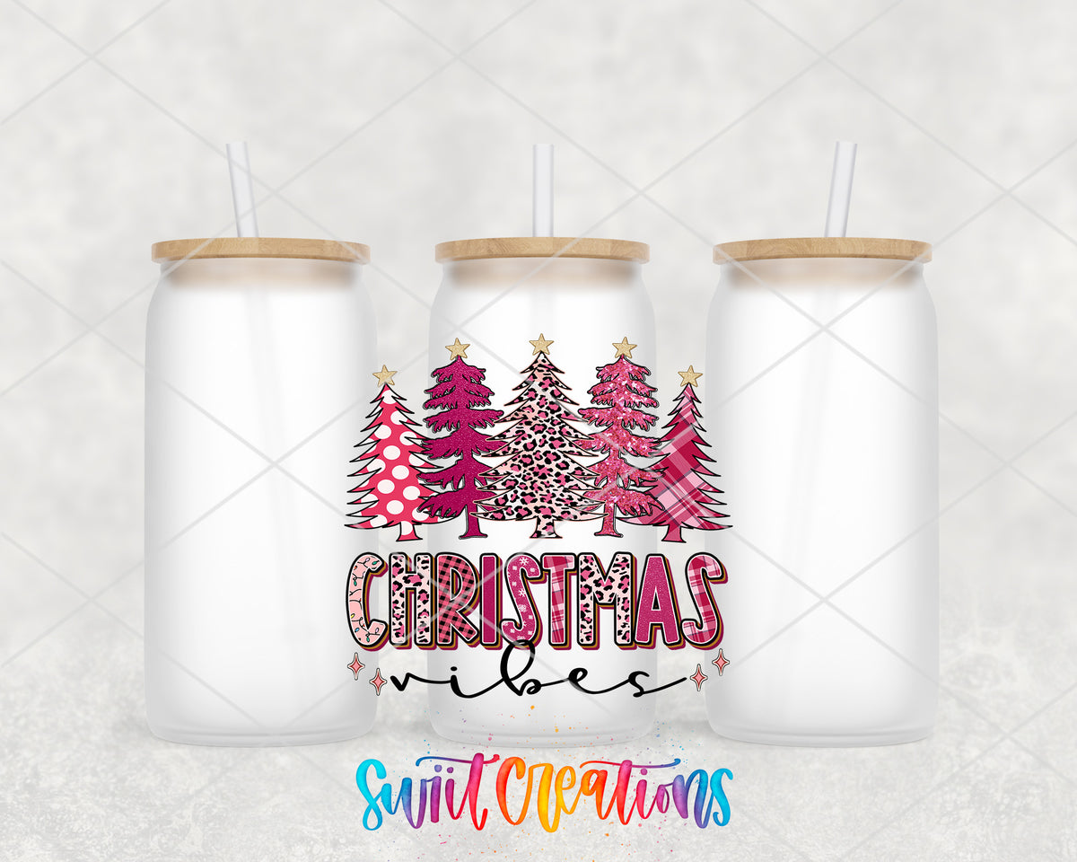 Christmas Vibes frosted glass tumbler group view with lids and straws