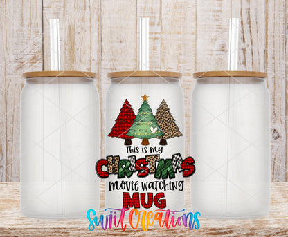 Christmas Movie Watching frosted glass tumbler mockup with bamboo lids and straws