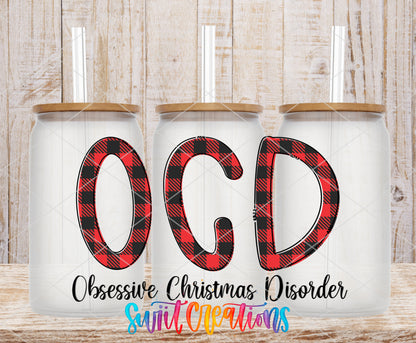 Obsessive Christmas Disorder frosted glass tumbler mockup with bamboo lids and straws