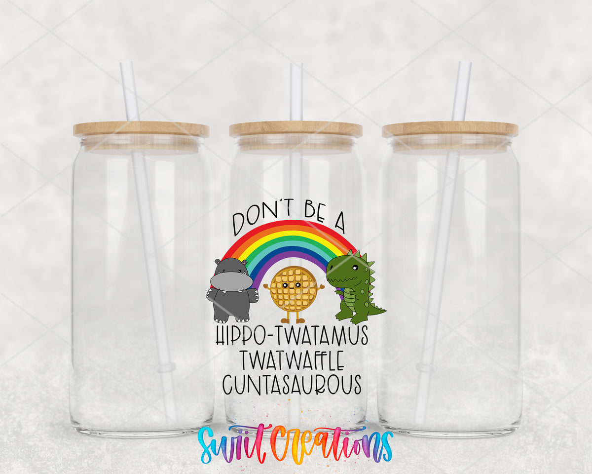 Don't Be a Hippo-Twatamus clear glass tumbler group mockup with bamboo lids and straws