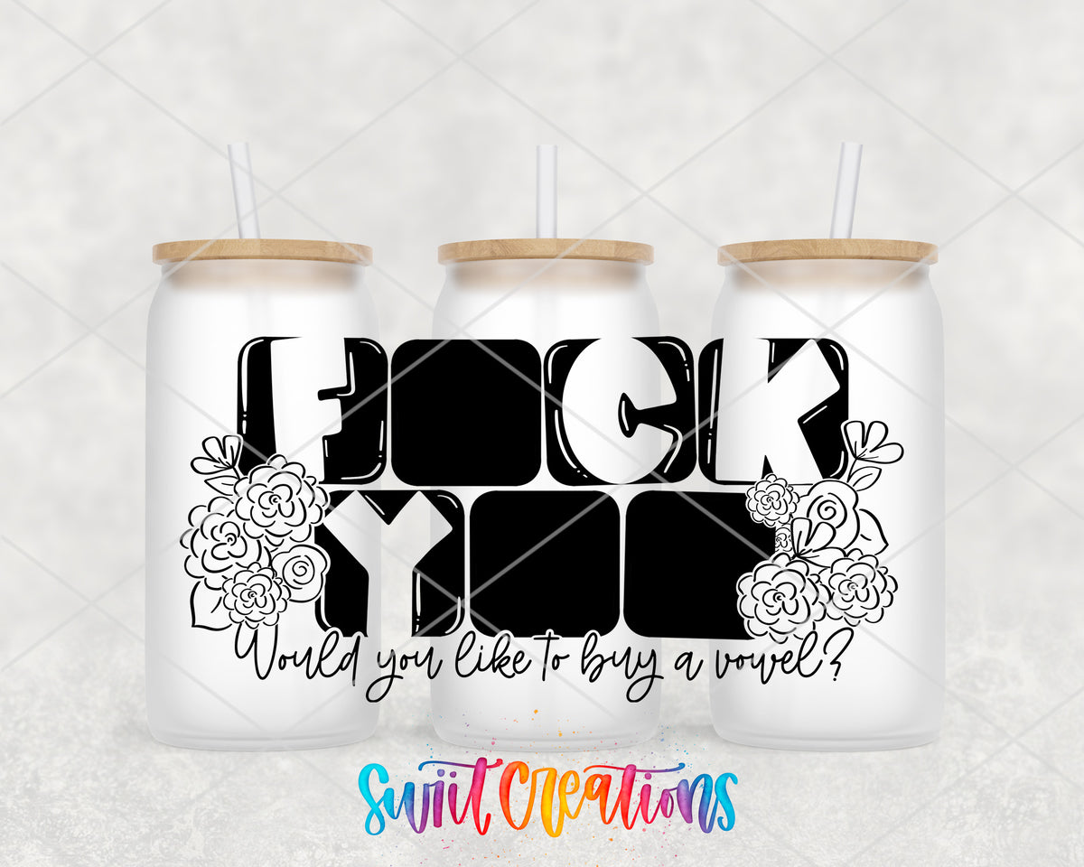 Would You Like to Buy a Vowel frosted glass tumbler group view with lids and straws