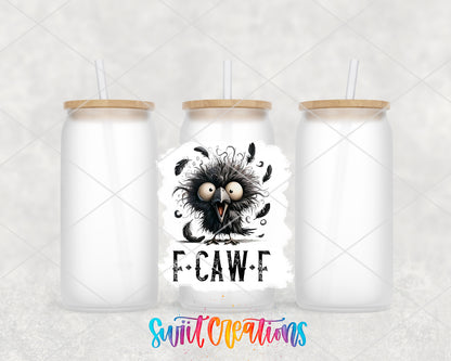 F-Caw-F Crazy Crow frosted glass tumbler group view with lids and straws