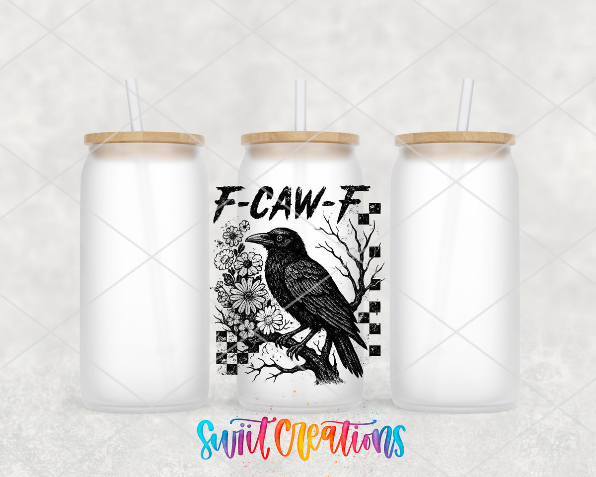 F-Caw-F Gothic Crow frosted glass tumbler group view with lids and straws
