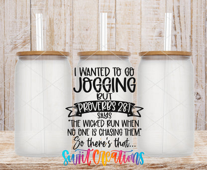I Wanted to Go Jogging frosted glass tumbler mockup with bamboo lids and straws