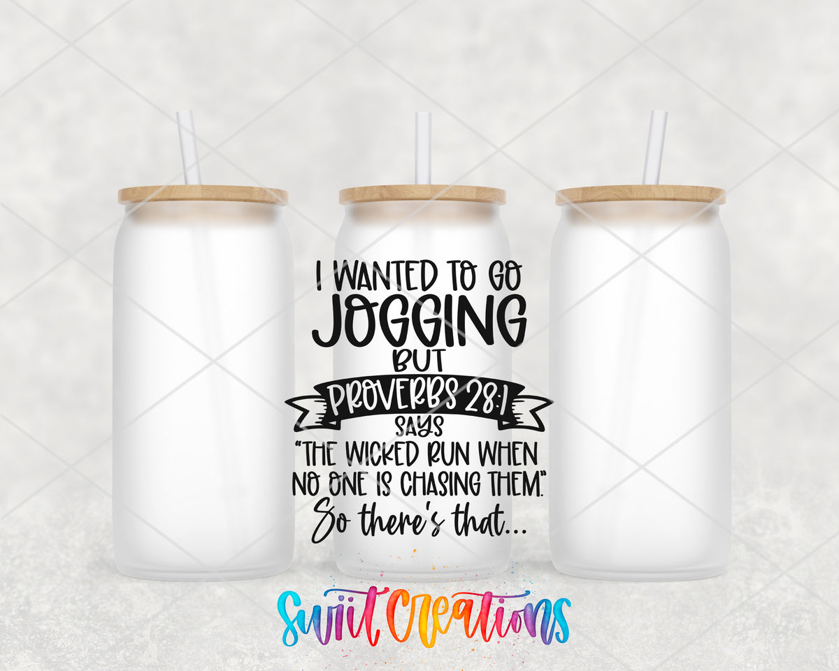 I Wanted to Go Jogging frosted glass tumbler group view with lids and straws