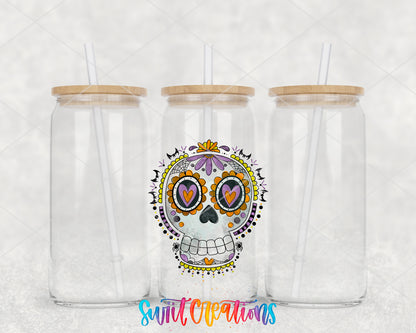 Halloween Sugar Skull clear glass tumbler group mockup with bamboo lids and straws