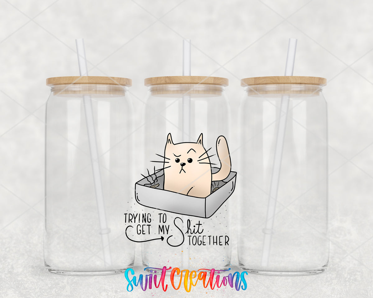 Trying to Get My Shit Together clear glass tumbler group mockup with bamboo lids and straws