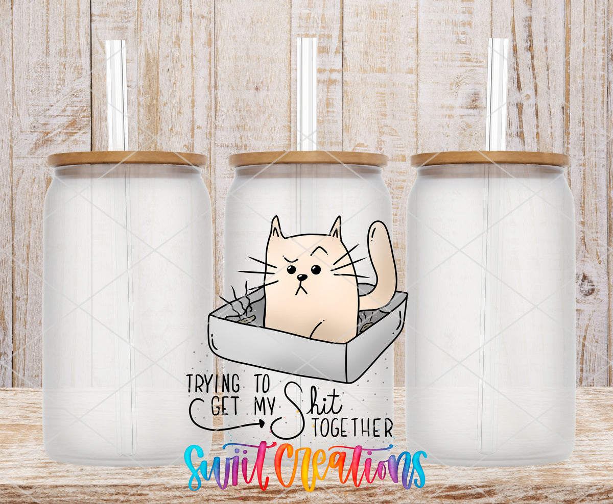 Trying to Get My Shit Together frosted glass tumbler mockup with bamboo lids and straws